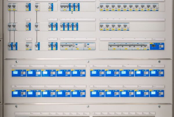 Electrical distribution cabinet with breakers and meters (stock photograph).