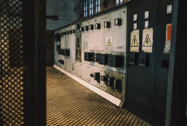Industrial electrical switchgear in an equipment room (stock photograph).