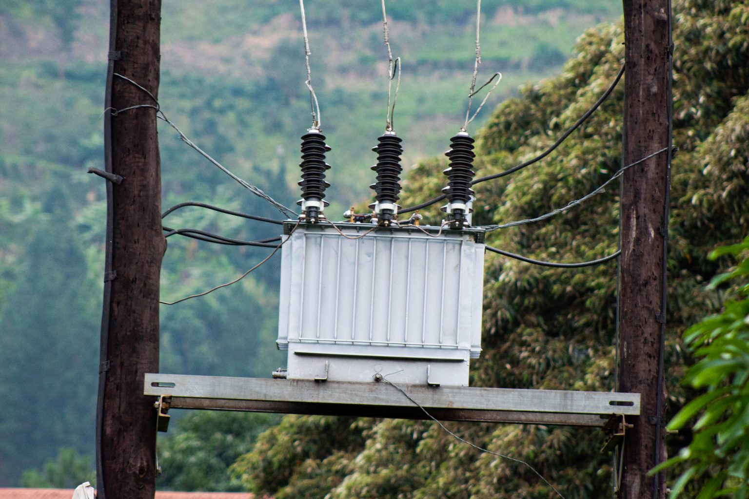 Pole-mounted electrical transformer with connected overhead wires (stock photograph).